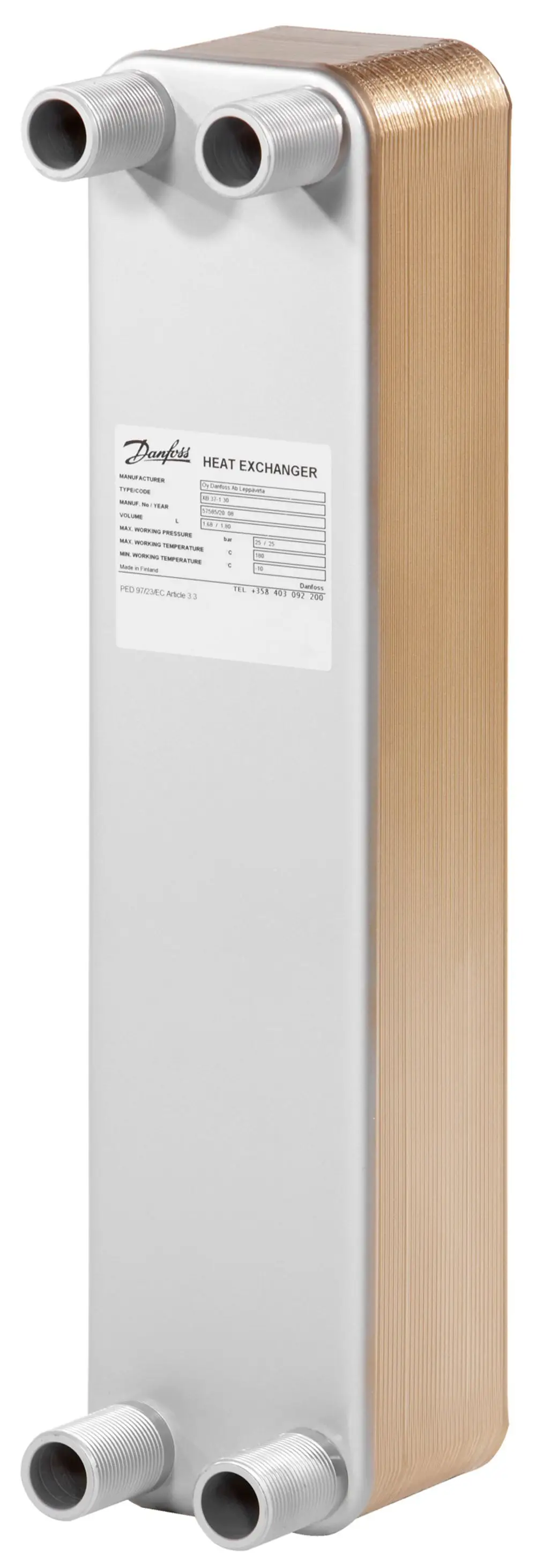 Plattenwärmeübertrager aus Edelstahl mit Kupferlamellen und mehreren Anschlüssen, produziert von Danfoss. Klar erkennbar ist das Typenschild mit technischen Angaben.